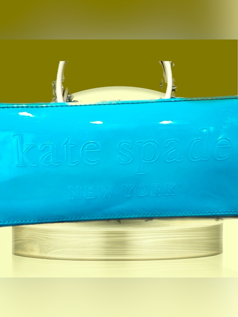 Kate Spade VINTAGE Turquoise Patent Leather w/Newspaper Print Lining Tote - Picture 4 of 4
